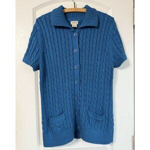 Vintage LL Bean Cable Knit Cardigan Women’s XL Blue Teal Short Sleeve Button Y2K